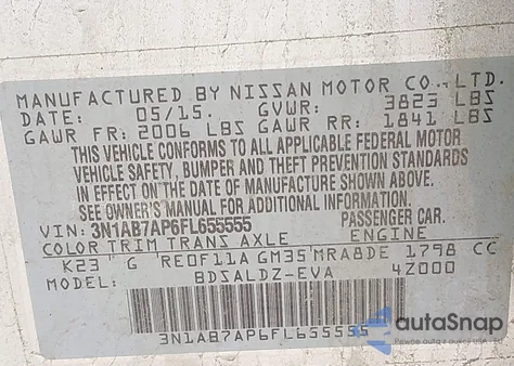 2015 Nissan Sentra Fe+ S/S/Sl/Sr/Sv из США, поврежденный, VIN 3N1AB7AP6FL655555